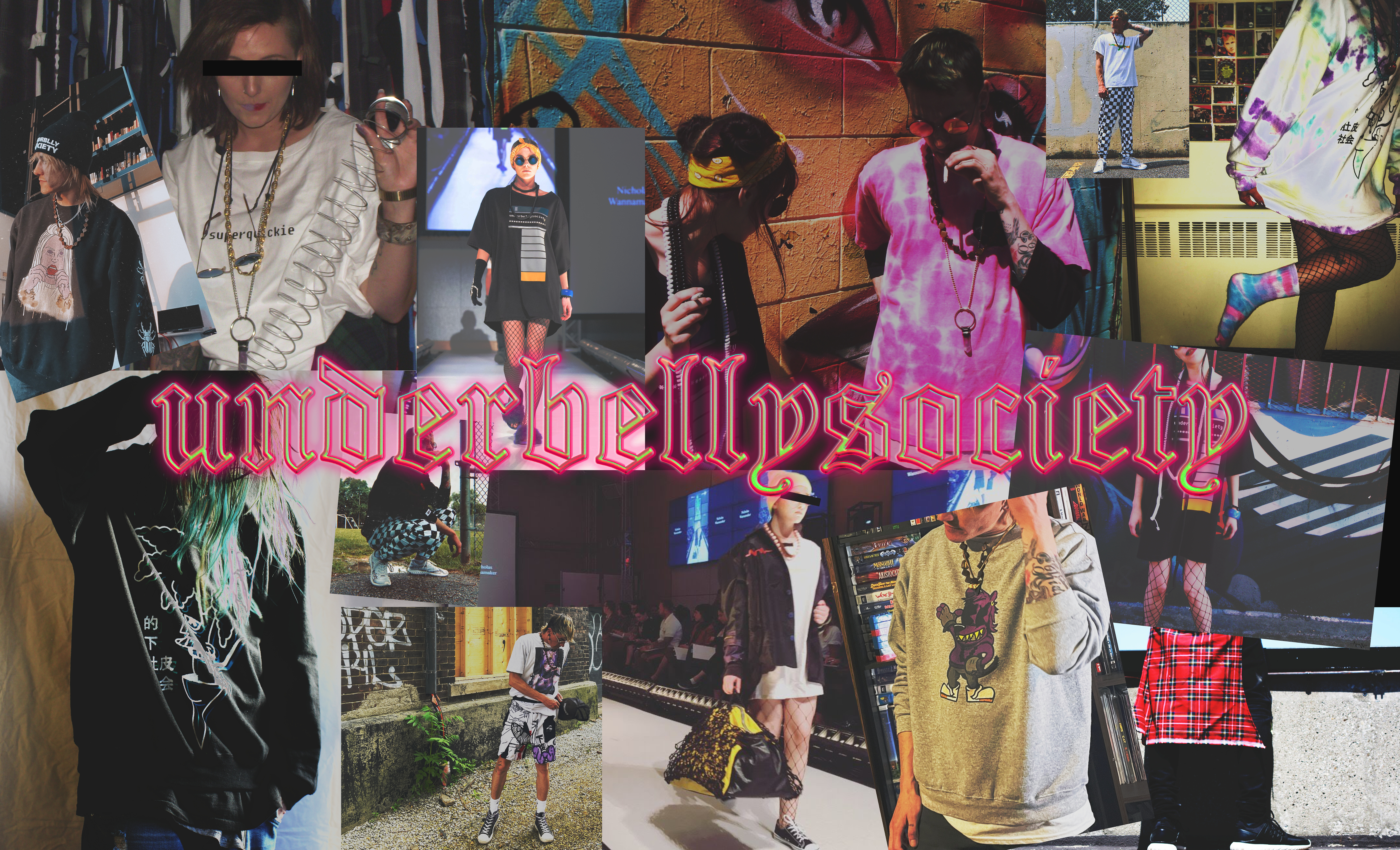A collage of fashion photoshoot images from our seasons up to this point. With our basic font logo with a neon glow.